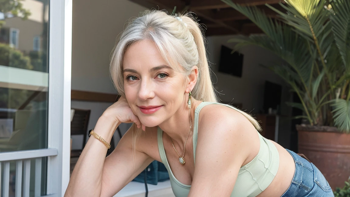 6 Attractive mature women, average age 60, (Bodycon:1.2), Large Breasts, smile, (Face wrinkles:1.3), Light makeup, Light white hair, Long hair in a ponytail, Earrings, bracelet, 8k, RAW Photo, highest quality, masterpiece, highest quality, (standing, from head to knees), bokeh, ((Tank top green, And jeans shorts Sexy, In town))), ((cowboy shot from thee side)).