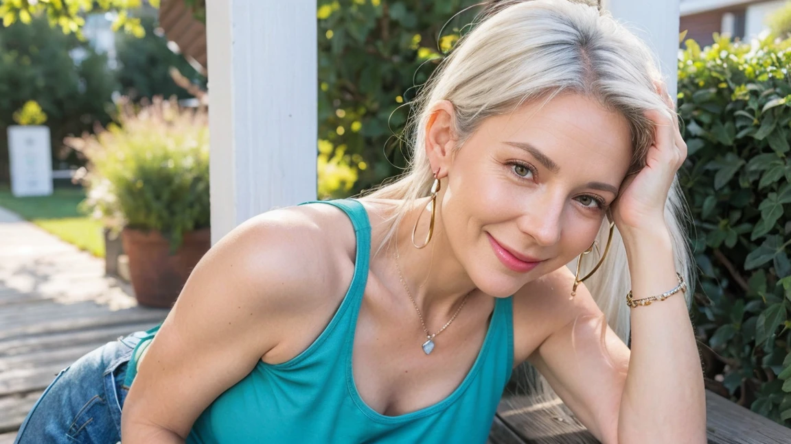 6 Attractive mature women, average age 60, (Bodycon:1.2), Large Breasts, smile, (Face wrinkles:1.3), Light makeup, Light white hair, Long hair in a ponytail, Earrings, bracelet, 8k, RAW Photo, highest quality, masterpiece, highest quality, (standing, from head to knees), bokeh, ((Tank top green, And jeans shorts Sexy, In town))), ((cowboy shot from thee side)).