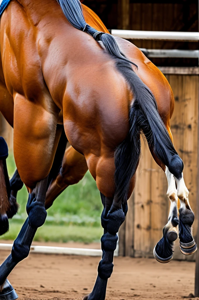 (best quality, 4k, 8k, high resolution, masterpiece:1.39), outside a barn, ultra detallado, (photorealistic rendering, focus on body, focus on equine anatomy:1.4), portrait, profesional, vivid colors, Sharp focus, (studio lighting:1.1), detailed textures, (warm color tone:0.9), (a big man, solo, afroamerican, with hyper equine genitalia, Ebony, thug, dark skin, full view:1.3), nude, facial hair, dreadlocks, (looking at viewer, piercing eyes:1.05), face with strong and defined features, (big muscles, buff, beefy, hyper muscles, sweaty, very hairy, oiled dark skin, body hair, hairy armpits:1.41), horse shaped snout, wide body, full body portrait, (whole body visible, man with equine genitalia, horsecock, medial ring, mottled penis, dark leathery skin:1.34), cresty equine neck, man with horse mane, oversized trapezius, (thick equine sheath:1.22), very detailed equine sheath, massive equine legs, wider hips, man with equine legs and hooves, powerful hooves, view from the floor, flared head
