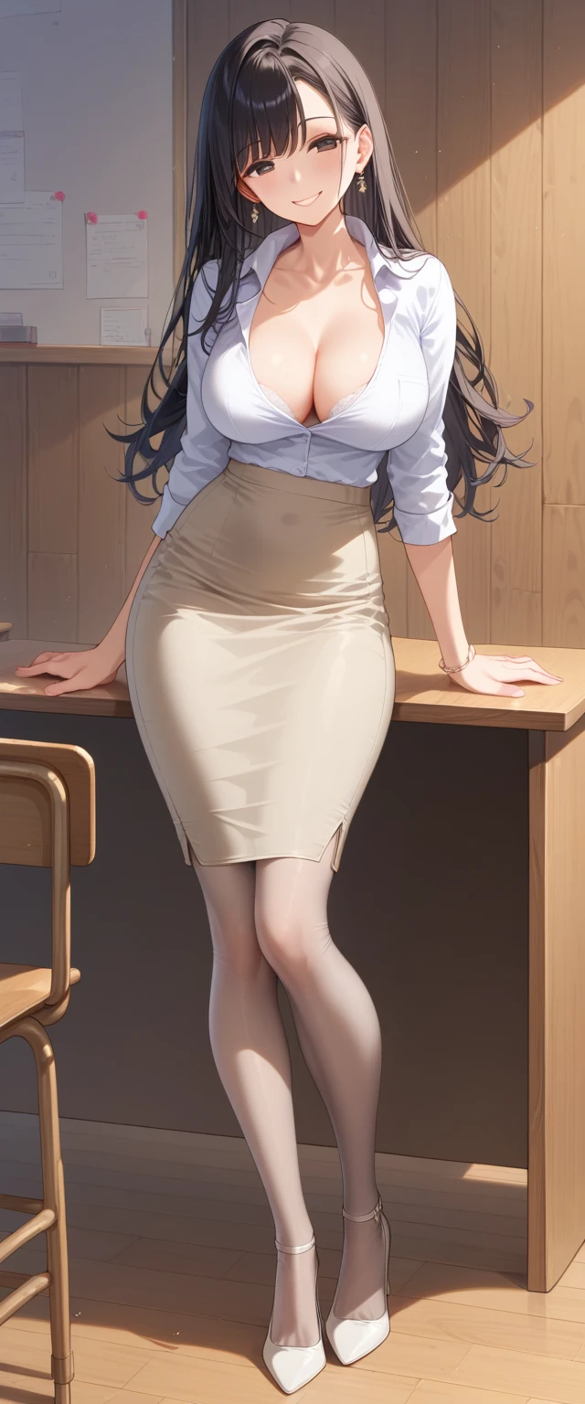 nsfw, (mature female, full body shot, slim body, beautiful eyes, rounded eyes, gently smile, standing at table:1.2), (teacher, White blouse, tight fit, beige pencil skirt, beige Pantyhose, white high heels), straight long hair, black Hair, (Mid-chest:1.3), Wooden wall background