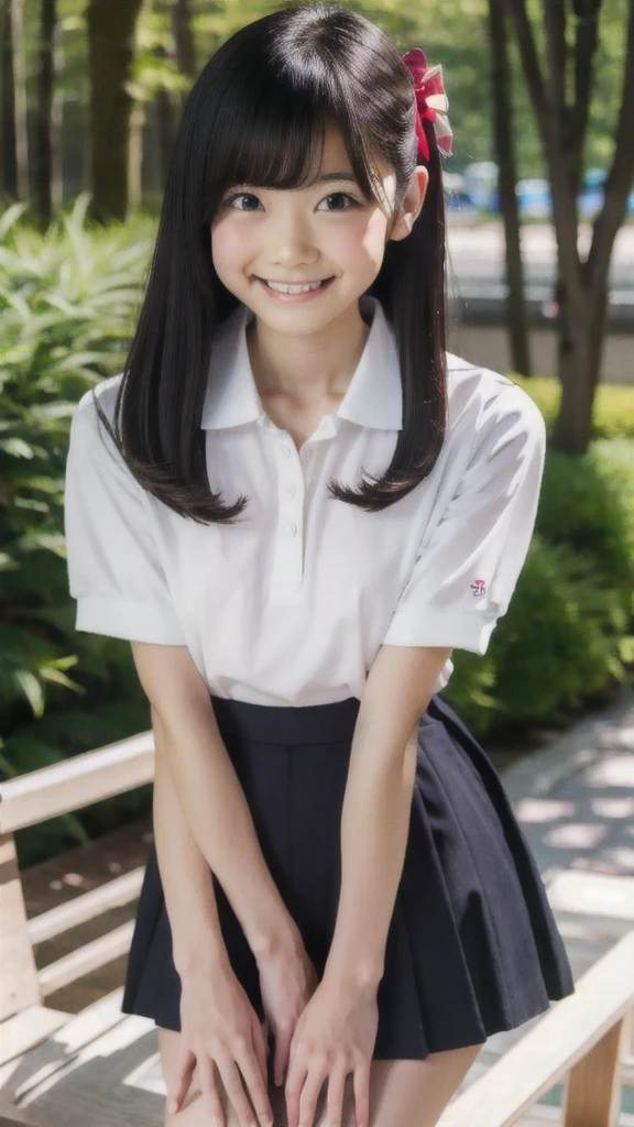 ((best quality)), ((masterpiece)), (details), one girl, sexy ((best quality)), ((masterpiece)), (details), one girl, sexy ((best quality)), ((masterpiece)), (details), one girl, full body, sexy expensive body, expensive, long legs, mature woman, mature, adult, it_nagatoro_main, Hayase Nagatoro, one girl, blushing, alone, uniform polo shirt, short sleeves, black hair,brown eyes, hair accessory, looking at viewer, hair clip, smiling, long hair, dark skinned woman, dark skin, , bangs, daytime, skirt, collared shirt, collarbone, ear clip, mouth closed, tree, asymmetrical bangs, upper body