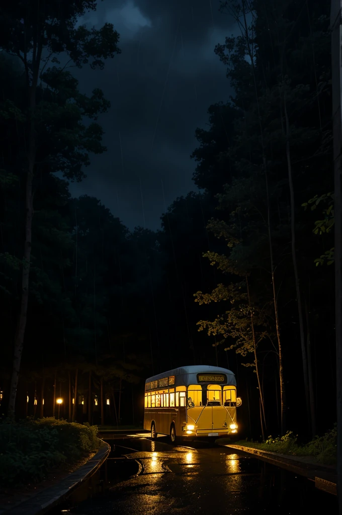 The yellow bus entered the courtyard of a huge building and looked like an old convent in the middle of a forest.,It was night and it was raining