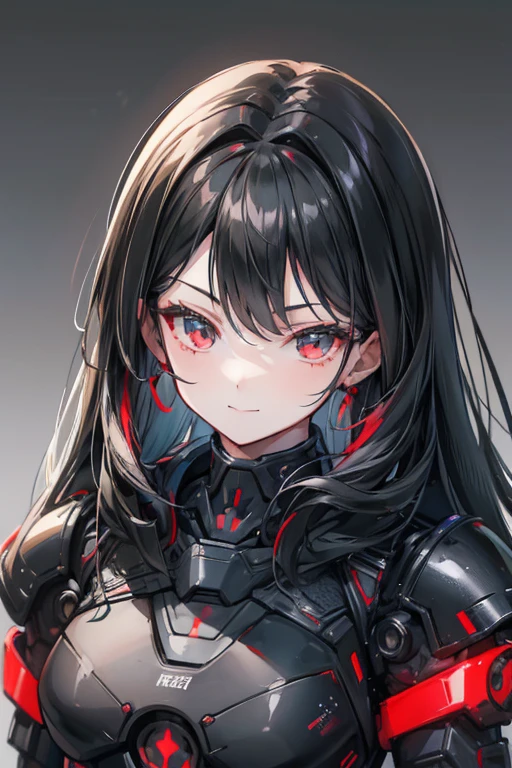 Female Android girl masterpiece Black Armor Redline Long Black Hair high school girl Mechanical Combatant Upper Body smile No earrings