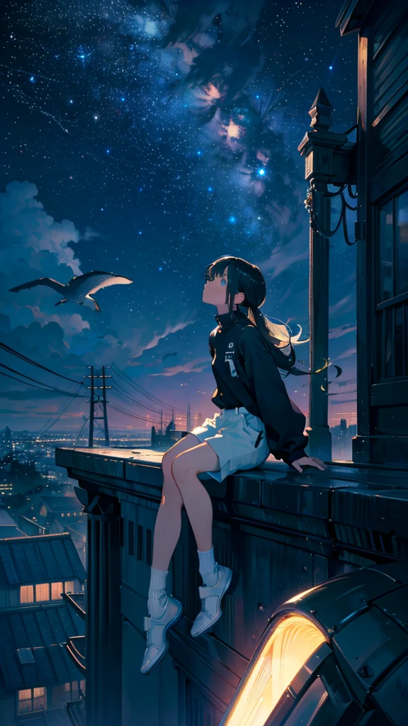 masterpiece, Exquisite detail,Highest quality, One girl, alone, handrail, cloud, Looking up at the buildings,Long Hair, NULL, Long sleeve, Power lines, White footwear, Black Hair, View your viewers, Electric pole, bangs, cloudy NULL, fish, bird, Green Eyes, Shorts, Day, Black Shirt, barefoot,Whale flying in the sky,Giant whale,night,star,milky way,night,Pitch black,Buildings,Sitting