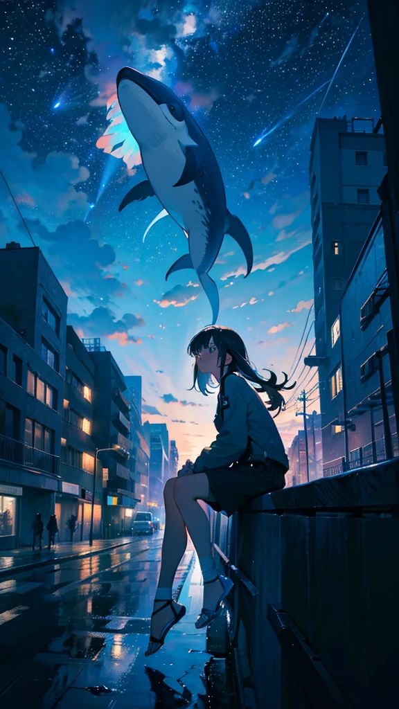 masterpiece, Exquisite detail,Highest quality, One girl, alone, handrail, cloud, Looking up at the buildings,Long Hair, NULL, Long sleeve, Power lines, White footwear, Black Hair, View your viewers, Electric pole, bangs, cloudy NULL, fish, bird, Green Eyes, Shorts, Day, Black Shirt, barefoot,Whale flying in the sky,Giant whale,night,star,milky way,night,Pitch black,Buildings,Sitting