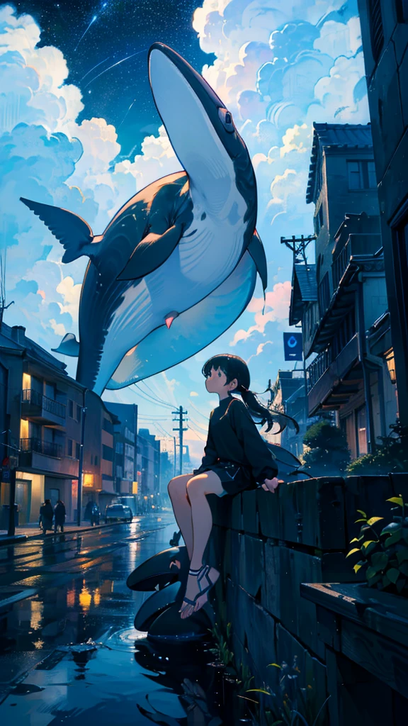 masterpiece, Exquisite detail,Highest quality, One girl, alone, handrail, cloud, Looking up at the buildings,Long Hair, NULL, Long sleeve, Power lines, White footwear, Black Hair, View your viewers, Electric pole, bangs, cloudy NULL, fish, bird, Green Eyes, Shorts, Day, Black Shirt, barefoot,Whale flying in the sky,Giant whale,night,star,milky way,night,Pitch black,Buildings,Sitting