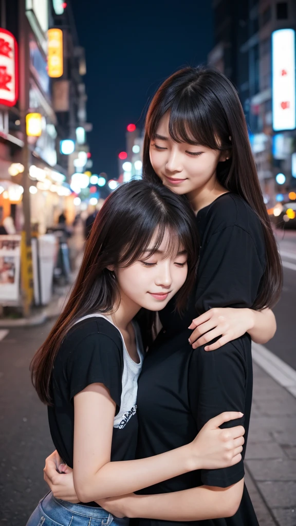 Best quality, high resolution, two girls, heads together, hug, eyes closed, 20 years old, Japanese, beautiful, pretty face, cute face, night cityscape, Short sleeve