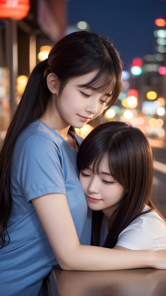 Best quality, high resolution, two girls, heads together, hug, eyes closed, 20 years old, Japanese, beautiful, pretty face, cute face, night cityscape, Short sleeve