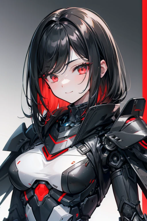Female Android girl masterpiece Black Armor Redline Long Black Hair high school girl Mechanical Combatant Upper Body smile No earrings