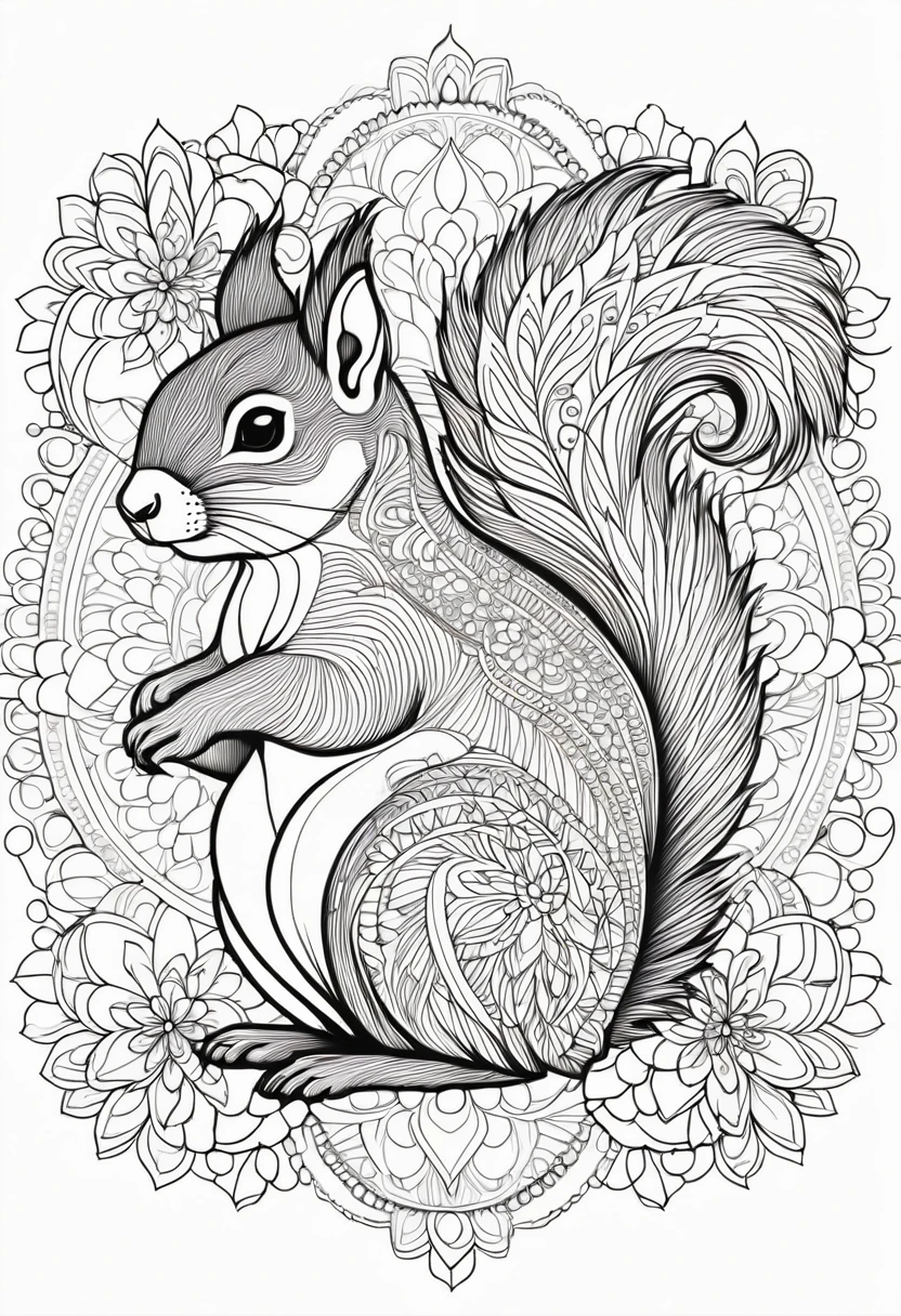 A striking black and white line art coloring page designed for adults with white background, featuring a majestic squirrel in a mandala-inspired style. The squirrel is adorned with intricate patterns that include floral and geometric designs, making it an engaging and detailed work of art. The illustration focuses on crisp, clean lines and bold outlines, without any shading or color, allowing the user to bring their own vibrancy to the piece. The minimalistic design, with its thick lines and absence of background details, creates a soothing coloring experience for adults seeking calming and creative activities. illustration