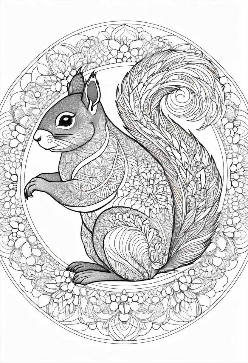 A striking black and white line art coloring page designed for adults with white background, featuring a majestic squirrel in a mandala-inspired style. The squirrel is adorned with intricate patterns that include floral and geometric designs, making it an engaging and detailed work of art. The illustration focuses on crisp, clean lines and bold outlines, without any shading or color, allowing the user to bring their own vibrancy to the piece. The minimalistic design, with its thick lines and absence of background details, creates a soothing coloring experience for adults seeking calming and creative activities. illustration