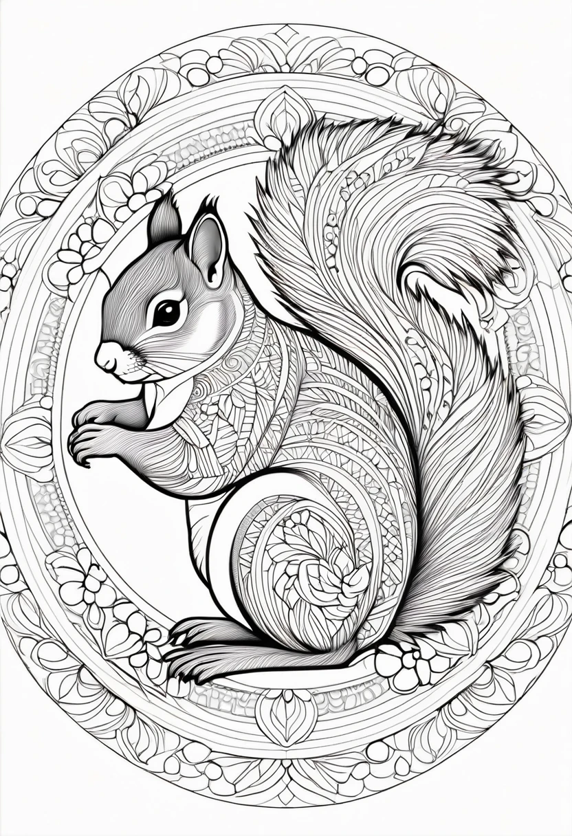A striking black and white line art coloring page designed for adults with white background, featuring a majestic squirrel in a mandala-inspired style. The squirrel is adorned with intricate patterns that include floral and geometric designs, making it an engaging and detailed work of art. The illustration focuses on crisp, clean lines and bold outlines, without any shading or color, allowing the user to bring their own vibrancy to the piece. The minimalistic design, with its thick lines and absence of background details, creates a soothing coloring experience for adults seeking calming and creative activities. illustration