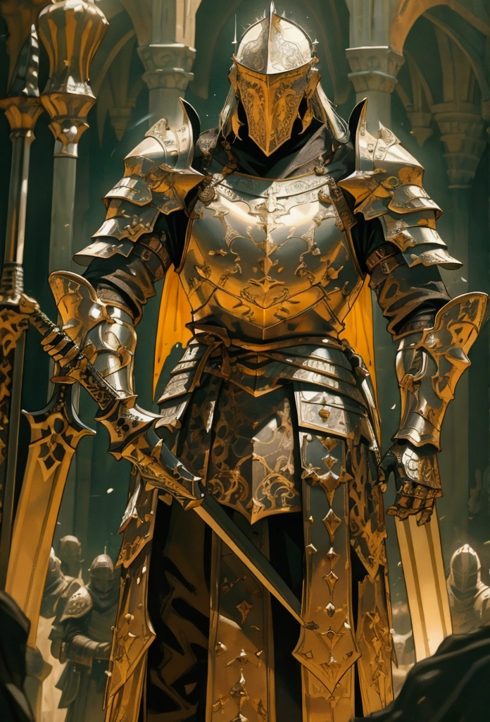 a knight standing among giant swords, highly detailed, photorealistic, 8k, cinematic lighting, dramatic atmosphere, epic fantasy, masterpiece, intricate details, realistic textures, sharp focus, vivid colors, unreal engine, volumetric lighting, studio lighting, depth of field, cinematic composition, heroic pose, noble expression, rugged armor, gleaming metal, towering blades, dark background, moody lighting