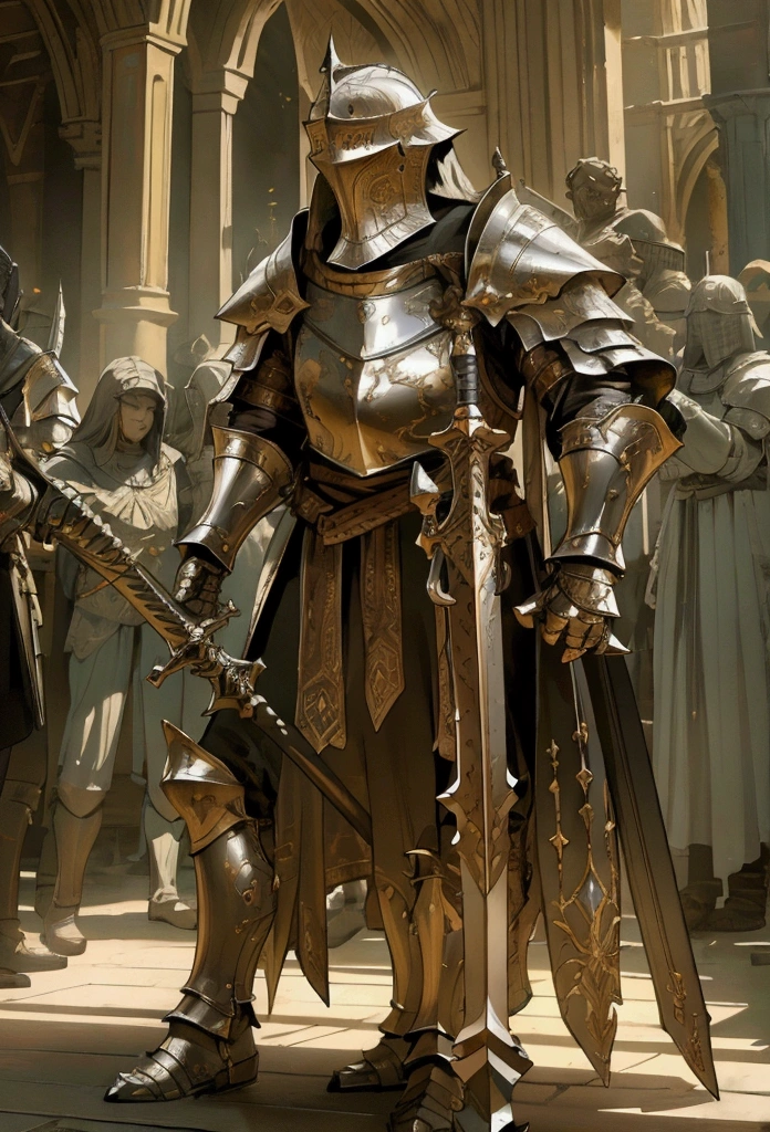 a knight standing among giant swords, highly detailed, photorealistic, 8k, cinematic lighting, dramatic atmosphere, epic fantasy, masterpiece, intricate details, realistic textures, sharp focus, vivid colors, unreal engine, volumetric lighting, studio lighting, depth of field, cinematic composition, heroic pose, noble expression, rugged armor, gleaming metal, towering blades, dark background, moody lighting