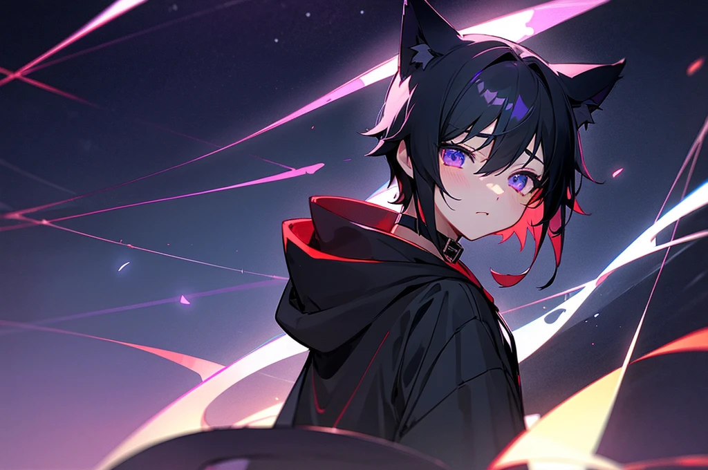 juvenile、boy、Black Hair、Cat ear、Short sleeve hoodie、Eyes purple、Red collar、night、star空、dark、night空、star、In town、Neon Town、look back、Sad、sentimental、Close-up、lens