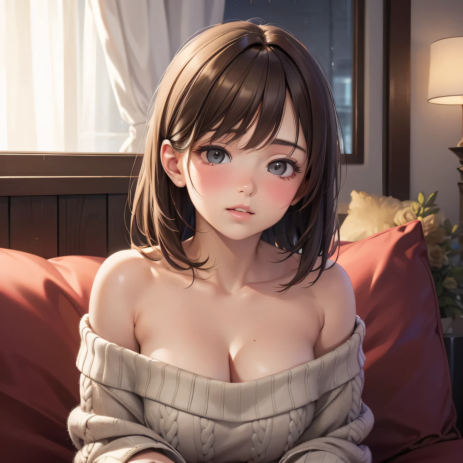 (best quality,4k,8k,highres,masterpiece:1.2),ultra-detailed,(realistic,photorealistic,photo-realistic:1.37),amazing portrait,sexy,cute woman,best friend's sister,alone at home,late night gaming session,brown hair,short bob style soft eyes,parted lips,deep blush,off shoulder,oversized grey sweater,sitting on couch,night time,raining outside,warm inside