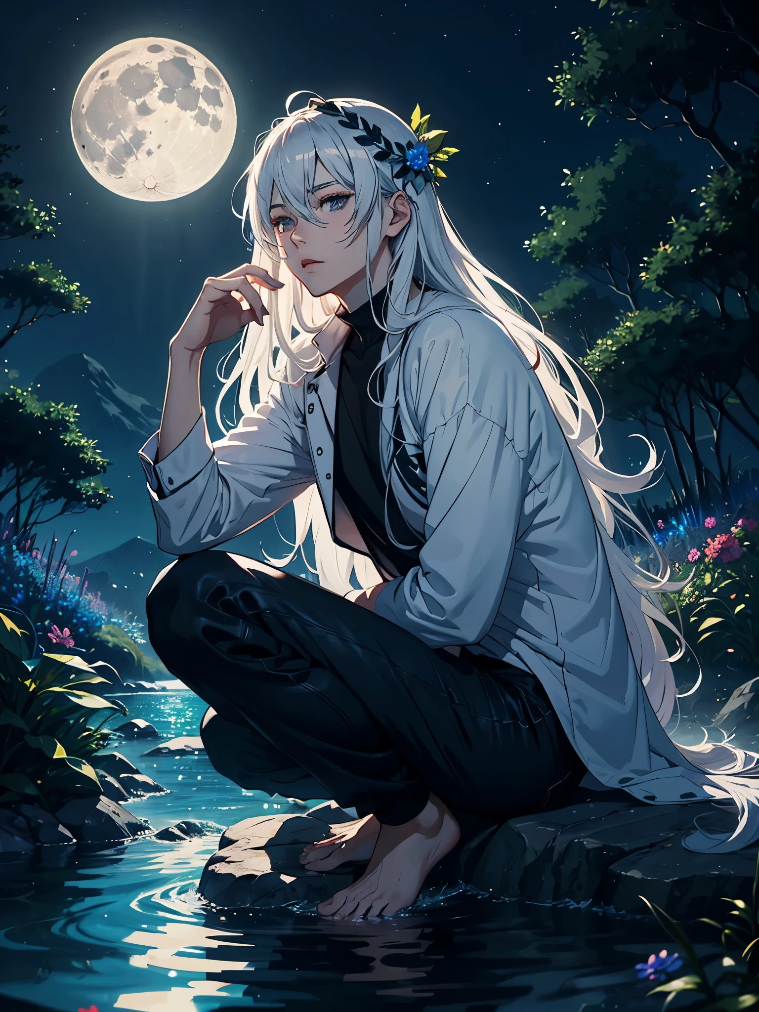 Big Wolf. day lights. More anime. light blue light. Bright bright light. magical. Moon. Sitting on a big white wolf. Lightening flowers. More anime. male. Blue flowers. Long hair. long white hair. aquatic, boy, God of the Moon, silver hair accessories, White hair.