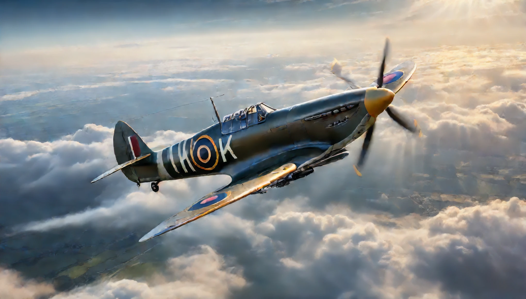 Create imaginative and amazing images demonstrating the style of a picture of a Spitfire plane, flying in the sky, cloudy skies background, an epic a Spitfire plane (best details, Masterpiece, best quality :1.5) birds view, sun rays, divine rays, sun rays reflecting on the clouds, sense of awe, majestic atmosphere, ultra best realistic, best details, best quality, 16k, [ultra detailed], masterpiece, best quality, (extremely detailed), ultra wide shot, photorealism, depth of field, hyper realistic painting, Waiting to start), hyper realistic, 8k, vibrant colors, sharp crisp image