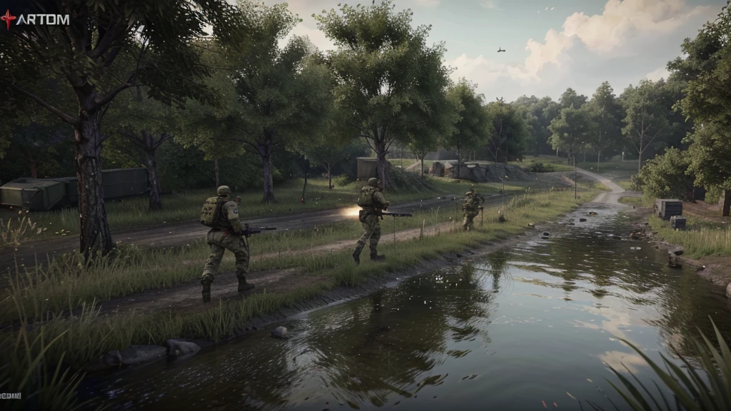 AK47 fps war game in your hand, 5 soldier friends in front of you, at the moment of war, 8k images, wet areas, plenty of greenery, a war game with an extremely realistic FPS perspective, Fps war game