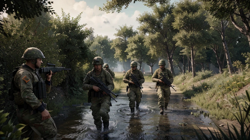 AK47 fps war game in your hand, 5 soldier friends in front of you, at the moment of war, 8k images, wet areas, plenty of greenery, a war game with an extremely realistic FPS perspective, Fps war game