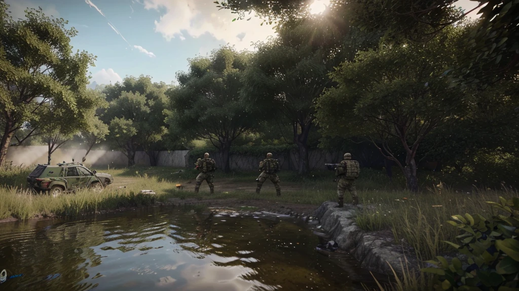 AK47 fps war game in your hand, 5 soldier friends in front of you, at the moment of war, 8k images, wet areas, plenty of greenery, a war game with an extremely realistic FPS perspective, Fps war game