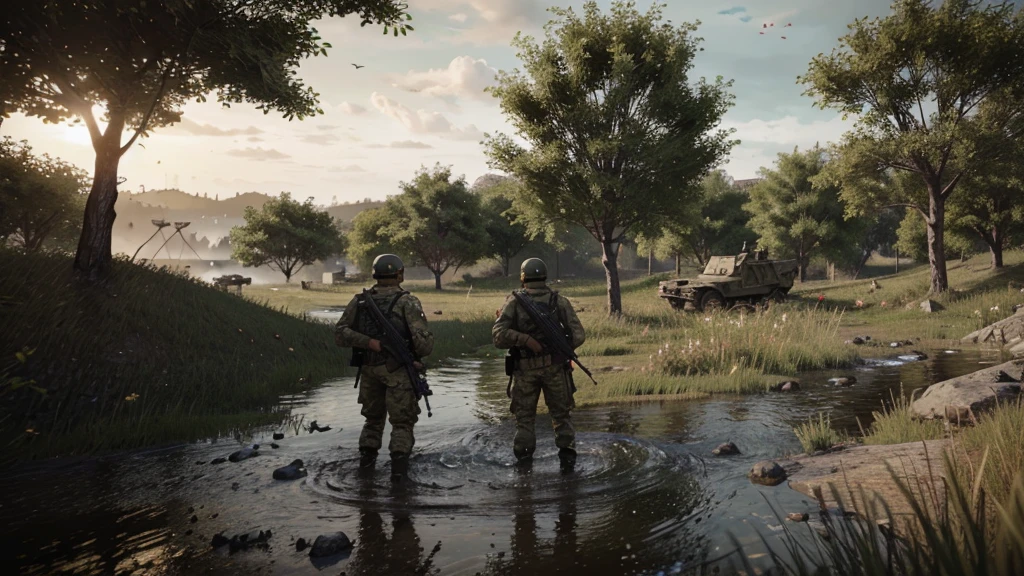AK47 fps war game in your hand, 5 soldier friends in front of you, at the moment of war, 8k images, wet areas, plenty of greenery, a war game with an extremely realistic FPS perspective, Fps war game