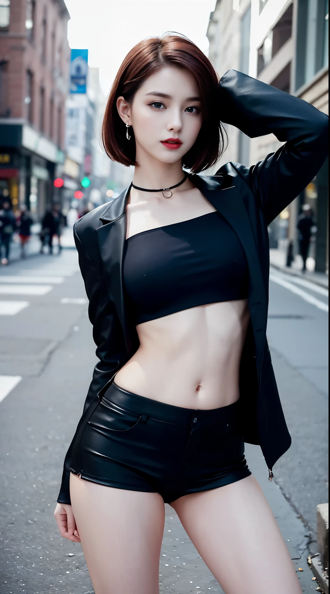 1 beautiful woman, 20 years old, pale white skin (very detailed and delicate skin), bright blue eyes (vampire eyes) (very detailed and expressive eyes), black and red hair, short hair, perfect body, perfect abdomen, perfectly butt round, makeup, red lips, dainty earrings, dainty necklace, choker, hair band, look at viewer, white sports bra, black jacket, tight black shorts, sexy pose, in the city, (masterpiece), (8K ), (cinematic lighting, (photorealistic), (minute details)