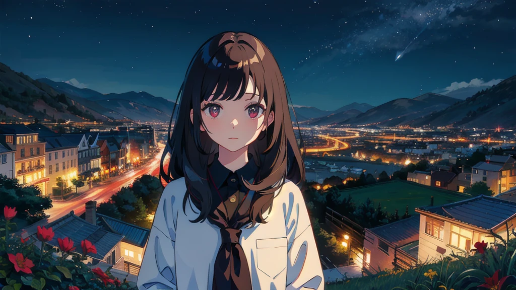 masterpiece,Highest quality,One Girl,The hair color is brown, Eye color: black, Kind eyes，Gradient Hair,countryside,Cityscape,night景,Flowers and plants,scenery,night,Light Perception,soft,
