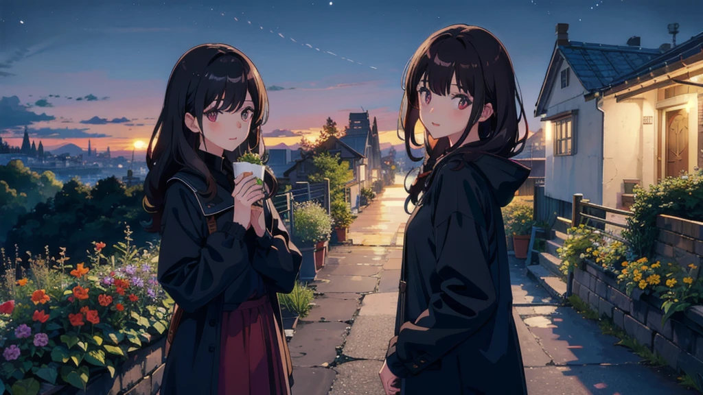 masterpiece,Highest quality,One Girl,The hair color is brown, Eye color: black, Kind eyes，Gradient Hair,countryside,Cityscape,night景,Flowers and plants,scenery,night,Light Perception,soft,