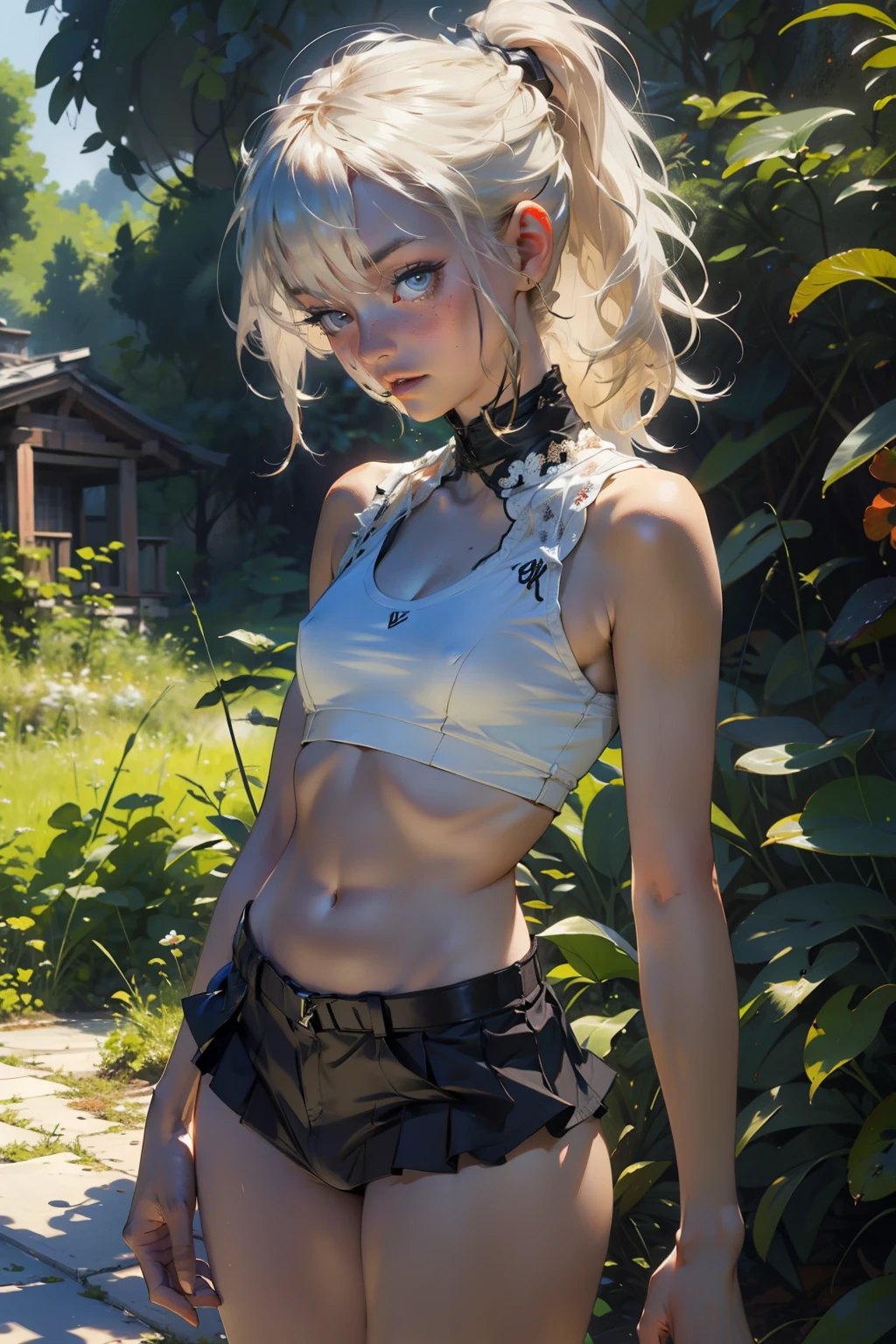 ((best quality)), ((masterpiece)), (detailed), Beautiful 12 year old western girl, ((young girl, very young, )), long hair, pale skin, thin, collarbone, In a forest, wild clothes, NSFW, small breasts, prominent collarbones, skinny arms, flat stomach, visible hip bones, long hair, red hair, white hair, blonde hair, dark hair, ponytail, thick ponytail, blush, NSFW Fluttering lace frilly petticoats, pleated petticoats、((from adove))
