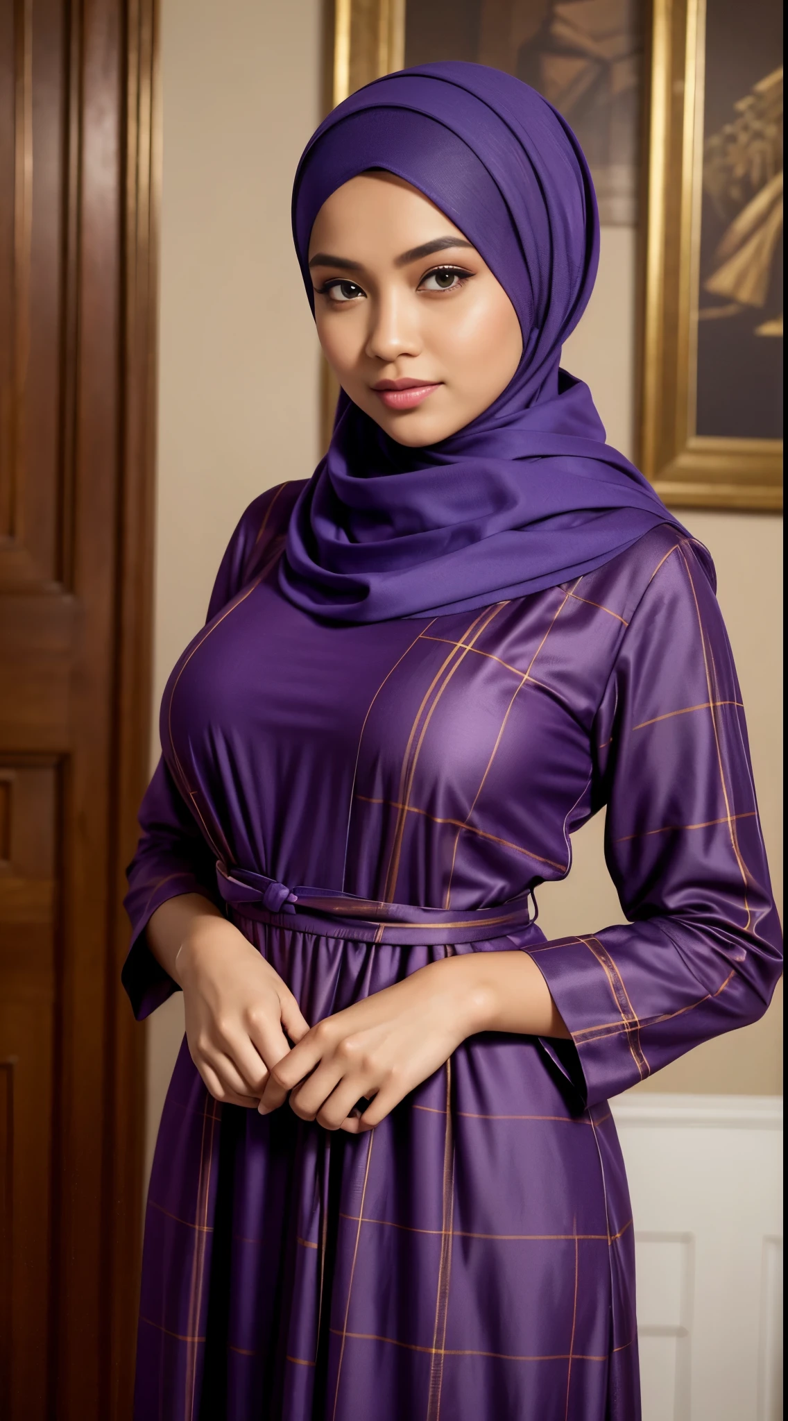 (Close Up),RAW, Best quality, high resolution, masterpiece: 1.3), beautiful Malay woman in hijab,Masterpiece, perfect fit body, ((Huge breast)), big gorgeous eyes, Soft smile,beautiful face,thick thighs, woman wearing a plaid dress and a scarf standing in front of a purple wall, long dress with apron, tartan garment, 1 9 2 0 cloth style, frock, dress and cloth, illustrious clothes, clothes in the style of 2023, dressed thobe, ( ready - made ), in style 19 century,Delicate turtleneck, Excellent lighting, Bright colors, Clean lines
