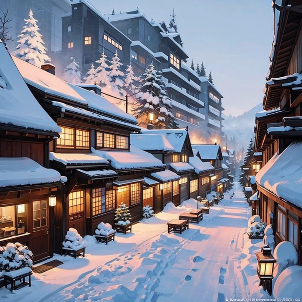 There is a table and chairs on a terrace overlooking a mountain, snow day outside, Café in the clouds, nice place, snowy outside, dreamy metropolis city, snowy scene, japanese village, foggy and snowy, epic and breathtaking, Fog and snow, Unbelievably pretty, Fantasy setting, beautiful and aesthetic, evening in snow, Magical surroundings, atmospheric Fantasy setting