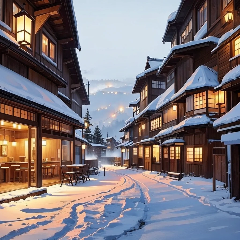 There is a table and chairs on a terrace overlooking a mountain, snow day outside, Café in the clouds, nice place, snowy outside, dreamy metropolis city, snowy scene, japanese village, foggy and snowy, epic and breathtaking, Fog and snow, Unbelievably pretty, Fantasy setting, beautiful and aesthetic, evening in snow, Magical surroundings, atmospheric Fantasy setting