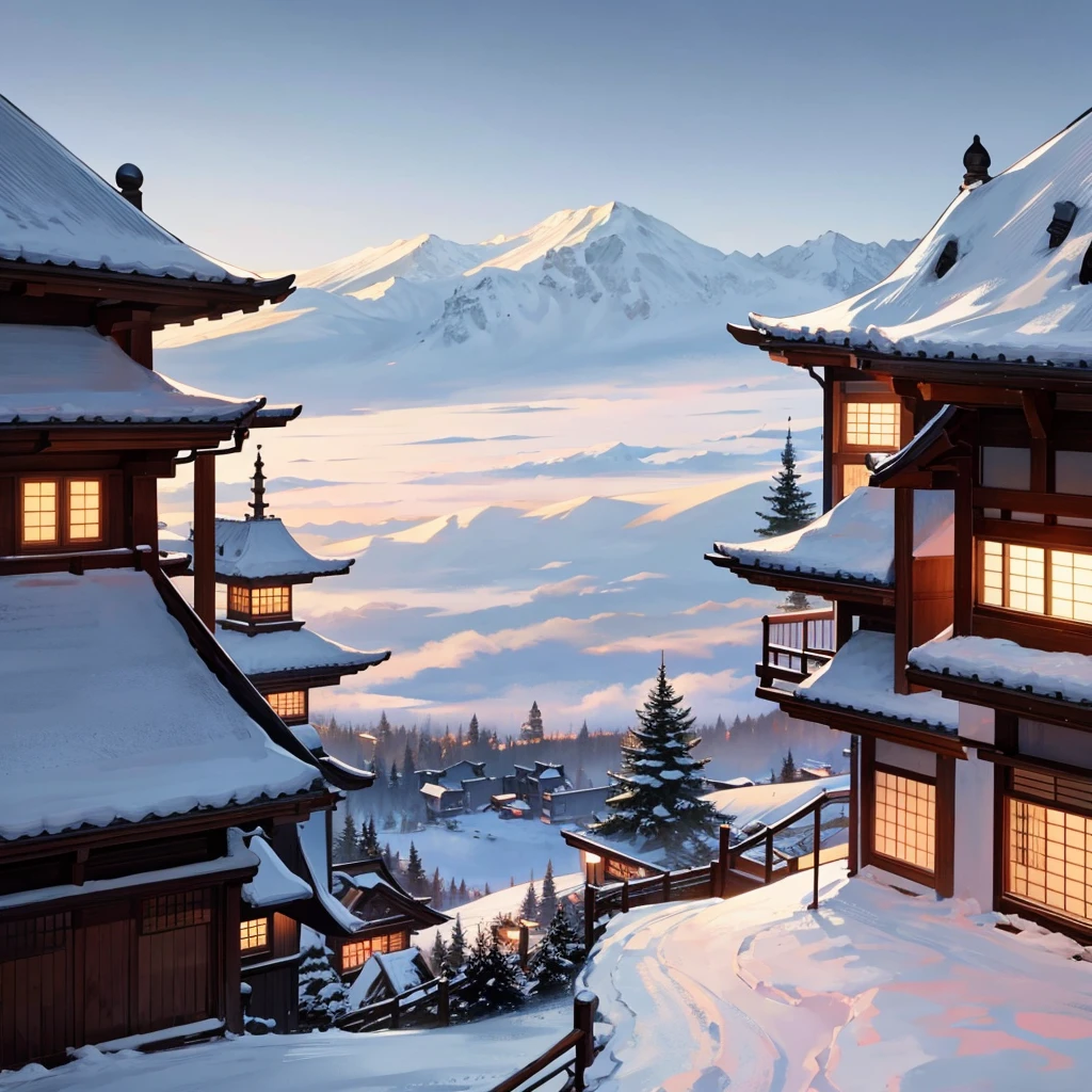 There is a table and chairs on a terrace overlooking a mountain, snow day outside, Café in the clouds, nice place, snowy outside, dreamy metropolis city, snowy scene, japanese village, foggy and snowy, epic and breathtaking, Fog and snow, Unbelievably pretty, Fantasy setting, beautiful and aesthetic, evening in snow, Magical surroundings, atmospheric Fantasy setting