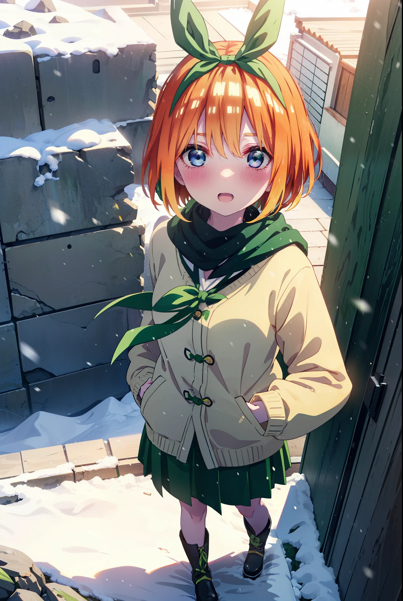 Yotsubanakano, Yotsuba Nakano, bangs, short hair, blue eyes, Hair ween the eyes, hair ribbon, hair band, Orange Hair, (Green ribbon:1.5), smile, Hair betn the eyes,blush, Open your mouth,White Breath,scarf,Green neck long coat,V-neck sweater,Long skirt,Black Pantyhose,short boots,Standing leaning against a wall,Snow is piling up,that'it's snowing,whole bodyがイラスト入るように,Hiding in a roofed building,
break outdoors, construction area,
break looking at viewer, whole body,
break (masterpiece:1.2), Highest quality, High resolution, unity 8k wallpaper, (shape:0.8), (Beautiful attention to detail:1.6), Highly detailed face, Perfect lighting, Extremely detailed CG, (Perfect hands, Perfect Anatomy),