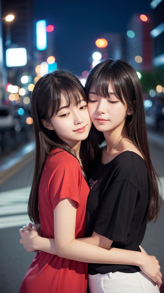 Best quality, high resolution, two girls, heads together, hug, eyes closed, 20 years old, Japanese, beautiful, pretty face, cute face, night cityscape, Short sleeve