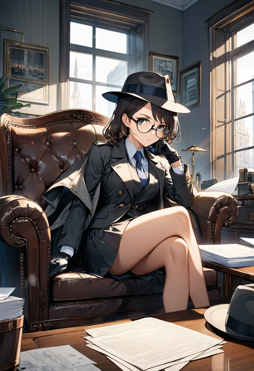 masterpiece, best quality, 16k, 2.5D, 1 girl ( black trench coat, suit, skirt, fedora, glasses, cross-legged, sitting on sofa, gloves, necktie, serious, detective), ( table, papers on table ), window, ofice background, hand