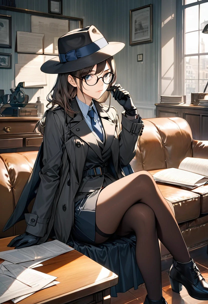 masterpiece, best quality, 16k, 2.5D, 1 girl ( black trench coat, suit, skirt, fedora, glasses, cross-legged, sitting on sofa, gloves, necktie, serious, detective), ( table, papers on table ), window, ofice background, hand