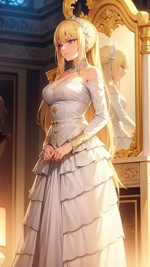 A regal blonde woman, clad in a white and yellow dress, stands in a royal chamber at night. Her blue eyes gleam mischievously as she smirks at her reflection in the ornate vanity, a play of light and shadow creating an air of mystery and intrigue.