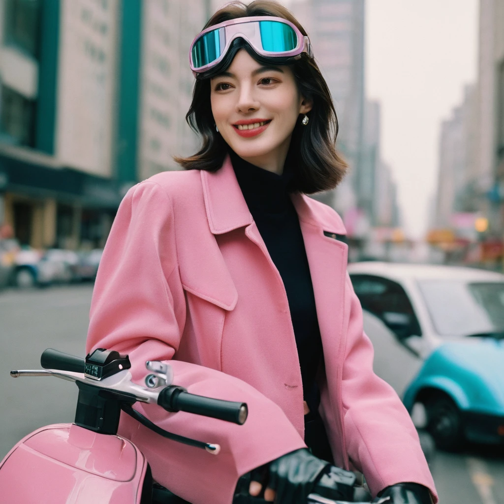 Close up portrait of a gorgeous young beautiful face Korean girls, retro-futuristic, still from the film, ((solo)), (Anne Hathaway look alike face: 0.9), wearing big goggles, driving a futuristic pink dragon scooter motor in a futuristic city, giggling, going fast, shiny futuristic fashion, vivid pastel colors, Leica SL3, Summicron-SL 75 f/2 ASPH, kodak gold 200 film, bare shoulder, dynamic action pose,