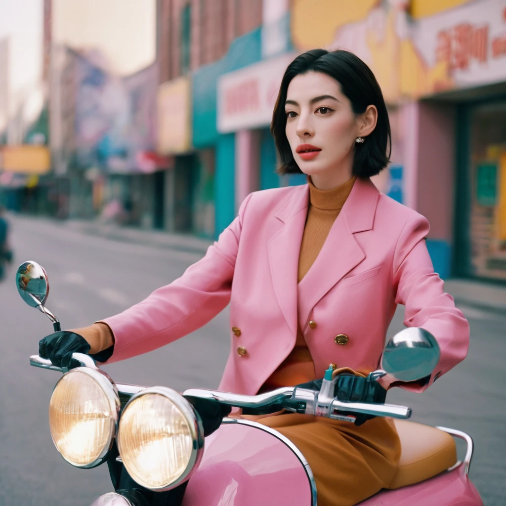 Close up portrait of a gorgeous young beautiful face Korean girls, retro-futuristic, still from the film, ((solo)), (Anne Hathaway look alike face: 0.9), wearing big goggles, driving a futuristic pink dragon scooter motor in a futuristic city, giggling, going fast, shiny futuristic fashion, vivid pastel colors, Leica SL3, Summicron-SL 75 f/2 ASPH, kodak gold 200 film, bare shoulder, dynamic action pose,