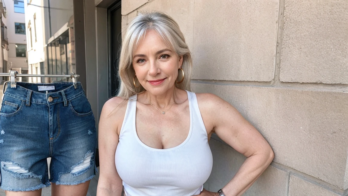 6 Attractive mature women, average age 60, (Bodycon:1.2), Large Breasts v, smile, (Face wrinkles:1.3), Light makeup, Light white hair, Long hair in a ponytail, Earrings, bracelet, 8k, RAW Photo, highest quality, masterpiece, highest quality, (standing, from head to knees), bokeh, ((Tank top white, And jeans shorts Sexy, In town))), ((cowboy shot from thee front)).