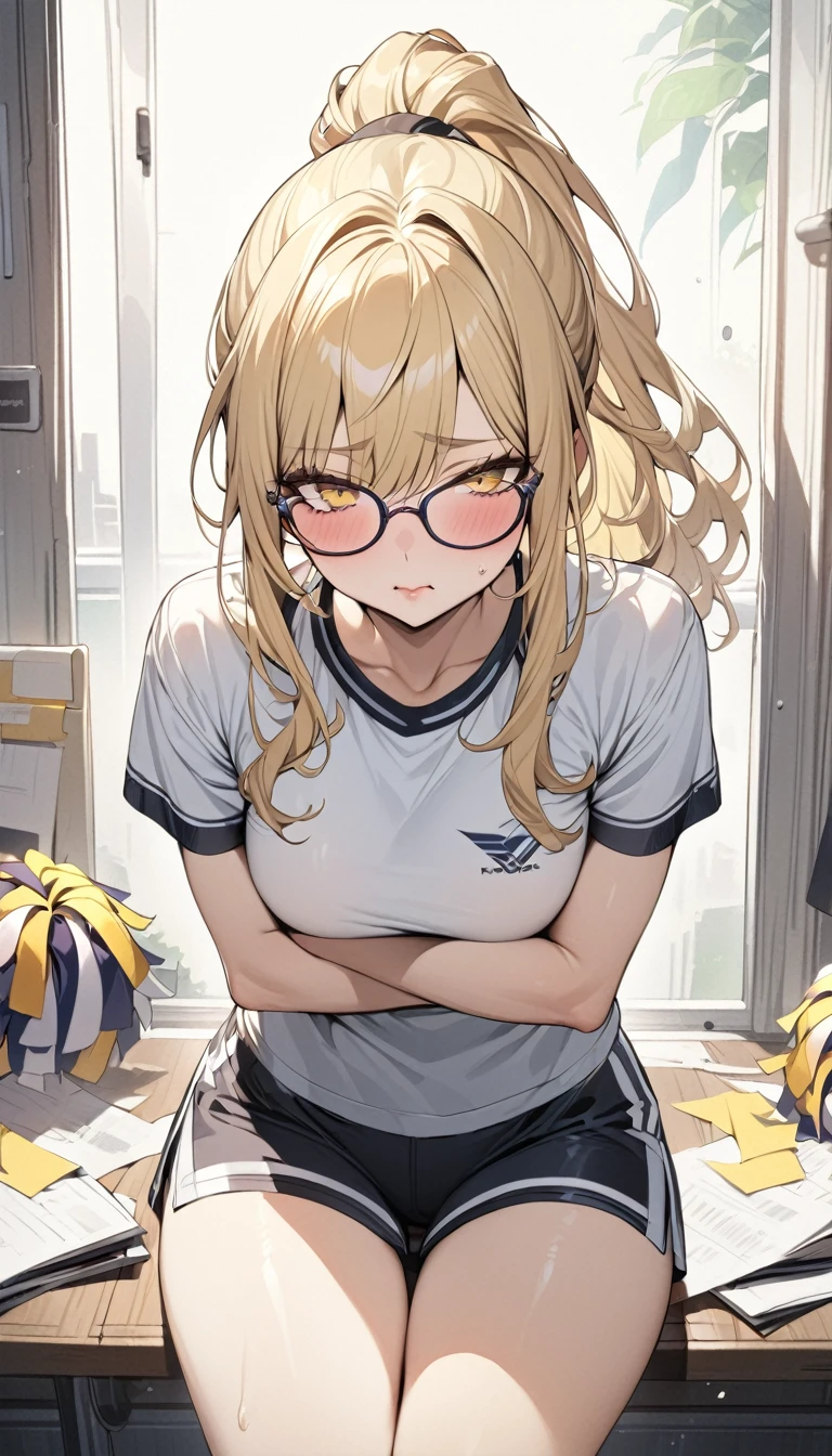 Highest quality　masterpiece　High resolution　Long blonde hair　　ponytail　Character Portrait　Yellow Eyes　Glasses　Pale pink lips　F Cup　flushed cheeks, cheerleader、arms crossed, legs closed