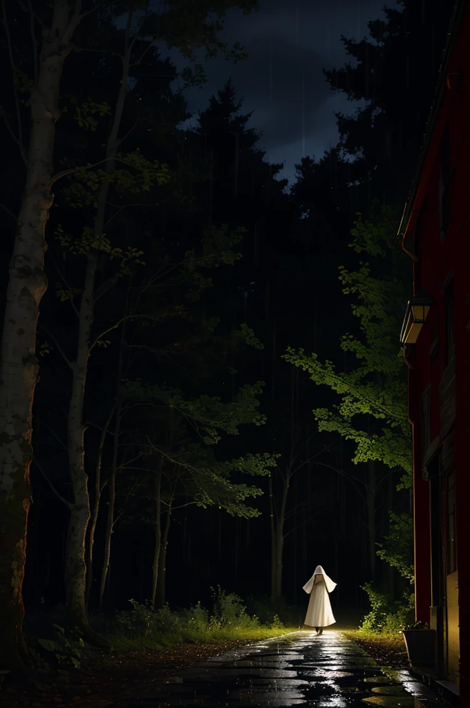 I entered the courtyard of a huge building that looked like an old convent in the middle of a forest.,It was night and it was raining