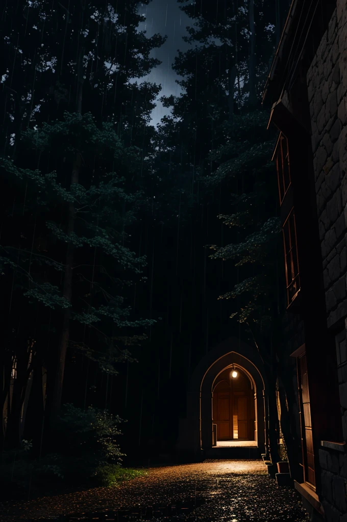 I entered the courtyard of a huge building that looked like an old convent in the middle of a forest.,It was night and it was raining