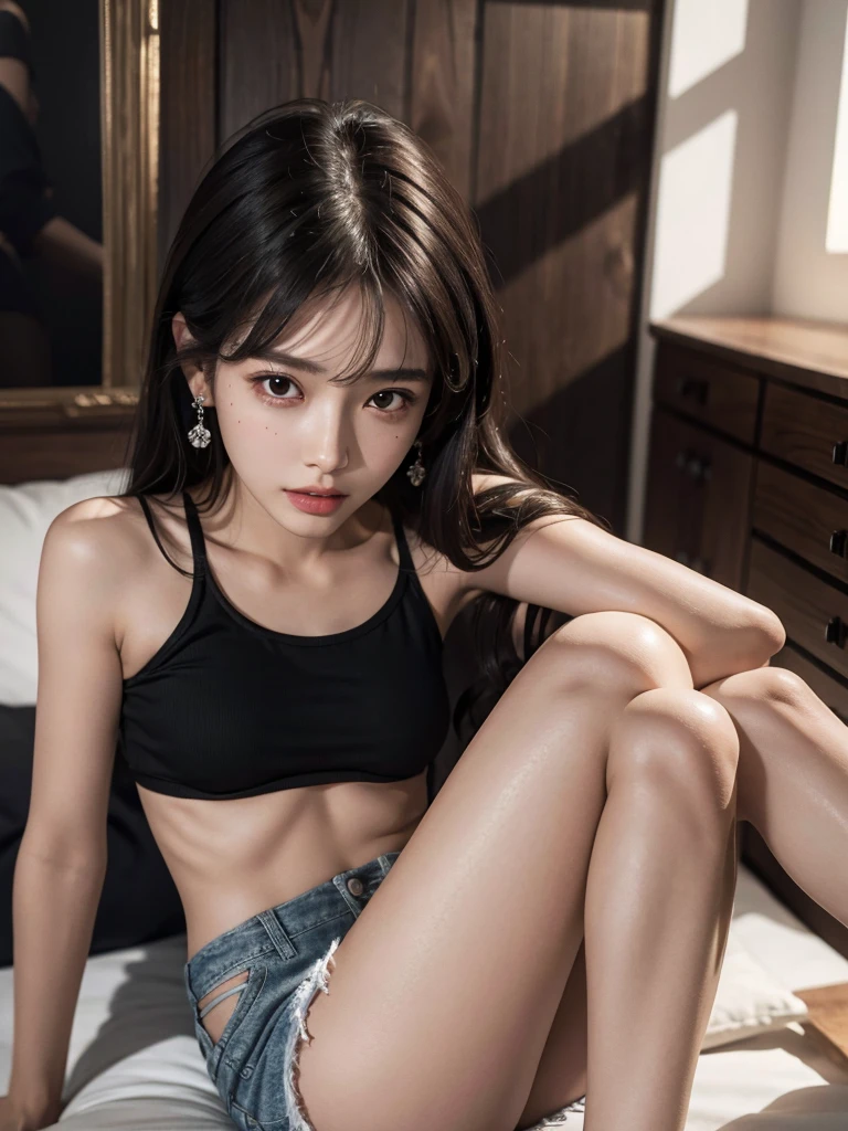 absurdres, RAW photo, extremely delicate and beautiful, masterpiece, Best Quality, ultra high resolution, 32k, hyperrealistic, ultra-detailed, perfect anatomy, super Detailed skin, Super Beauty, perfect figure, Perfect Style, Perfect balance, in her 20s, very small head, very small face, delicate facial features, tearful mole, earring, (very huge breasts), bare legs, full body shot, medium hair, black hair, bare shoulder, shorts,