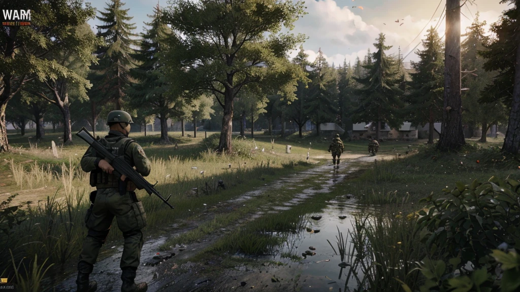 a video game fps,AK47 fps war game in your hand, 5 soldier friends in front of you, at the moment of war, 8k images, wet areas, plenty of greenery, a war game with an extremely realistic FPS perspective, Fps war game