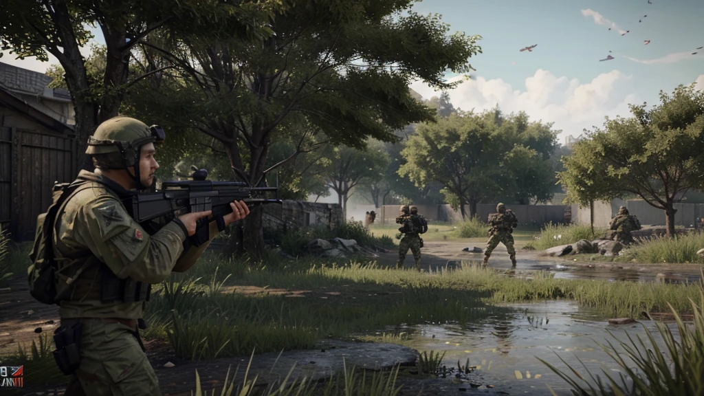 a video game fps,AK47 fps war game in your hand, 5 soldier friends in front of you, at the moment of war, 8k images, wet areas, plenty of greenery, a war game with an extremely realistic FPS perspective, Fps war game