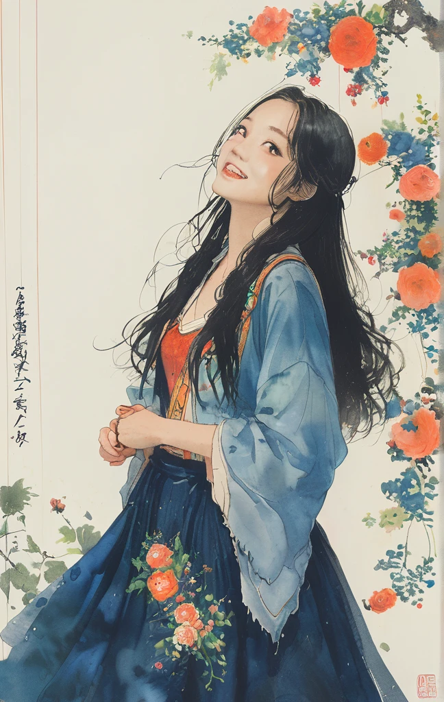 Goddess of Death with Scythe and Skull、8K,masterpiece,Highest quality, (From below:1.6) ,Dynamic pose,1 girl, With a big scythe,Portraiture, Floral, Watercolor sketch, Light, Long Hair, smile, Watercolor \(Moderate\),Watercolor,Plain Tank Top,Plain Light blue sweater,Long skirt