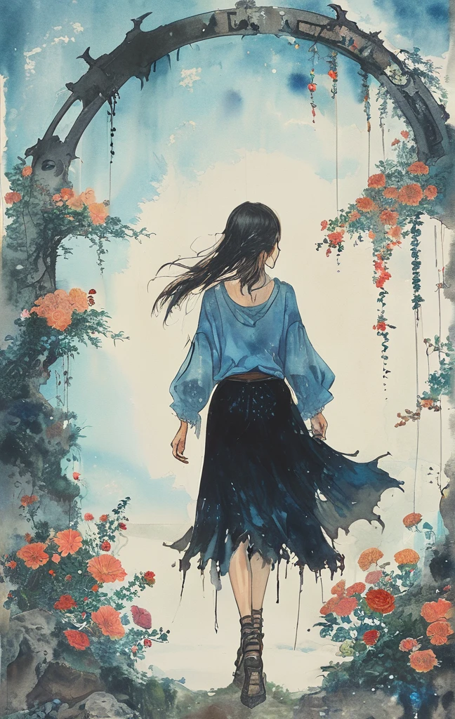 Goddess of Death with Scythe and Skull、8K,masterpiece,Highest quality, (From below:1.6) ,Dynamic pose,1 girl, With a big scythe,Portraiture, Floral, Watercolor sketch, Light, Long Hair, smile, Watercolor \(Moderate\),Watercolor,Plain Tank Top,Plain Light blue sweater,Long skirt